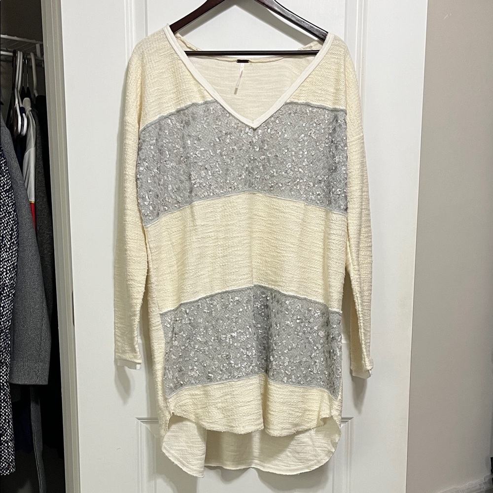 Free People Sequin Colorblock V Neck Tunic Sweater Sz Large - Picture 2 of 9